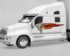fire skull vinyl graphics on the side of white semi trailer truck